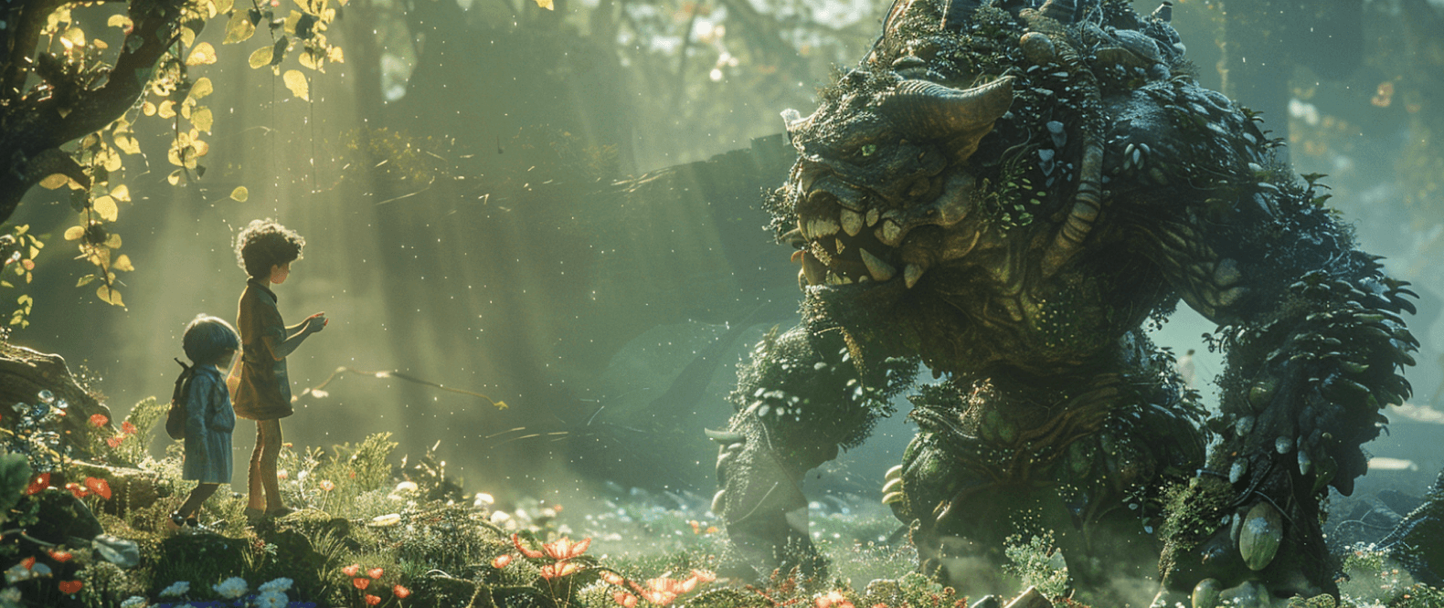 Two children facing a giant forest creature